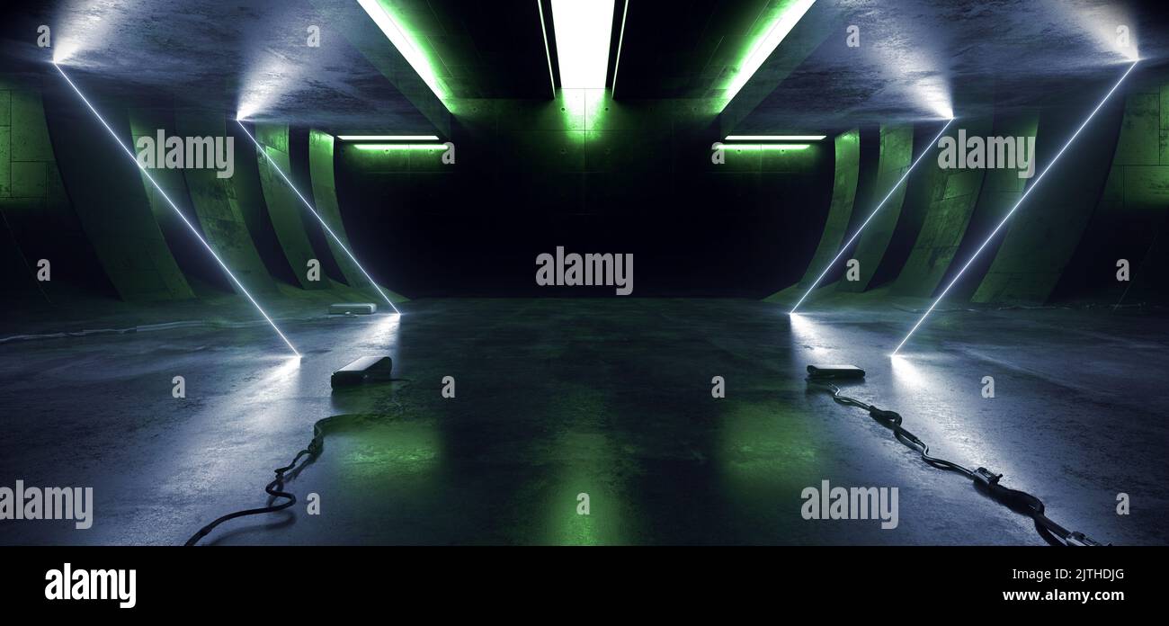 Neon Lasers Floor Cables Futuristic Sci Fi Spaceship Showroom Hangar Studio Concrete Cement Asphalt Dark Realistic Basement Bunker 3D Rendering Illust Stock Photo