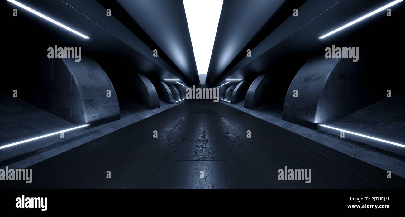 Sci Fi Futuristic Alien Spaceship Concrete Cement Asphalt Realistic Tunnel Corridor Hallway Showroom Warehouse Studio Underground Hangar Garage 3D Ren Stock Photo
