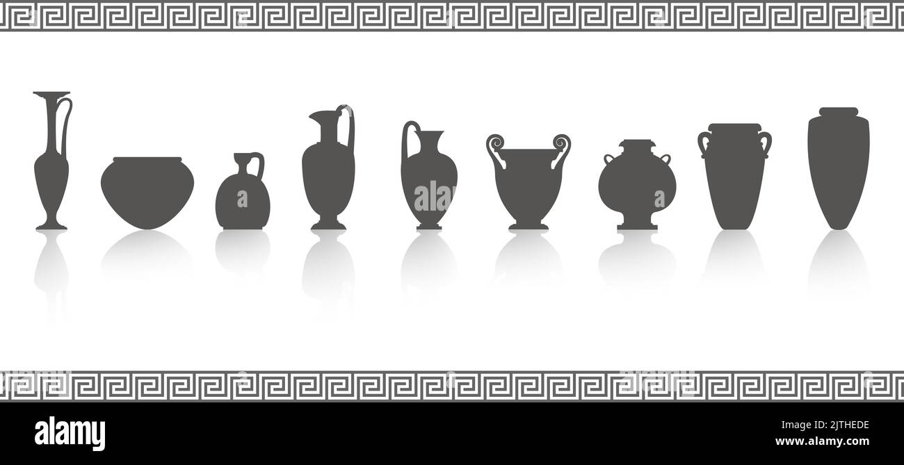 Greek vases silhouettes. Ancient amphoras and pots glyph illustration