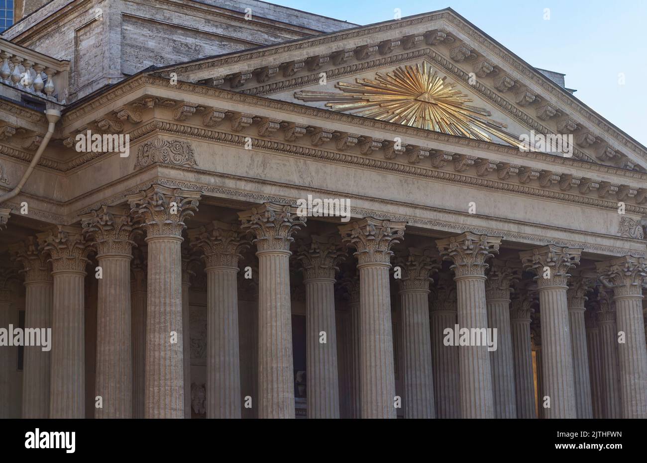 St. Petersburg Kazan Cathedral. Russian classicism architecture. part of facade All-seeing eye on roof of cathedral, shallow DOF, copy space. tourism Stock Photo