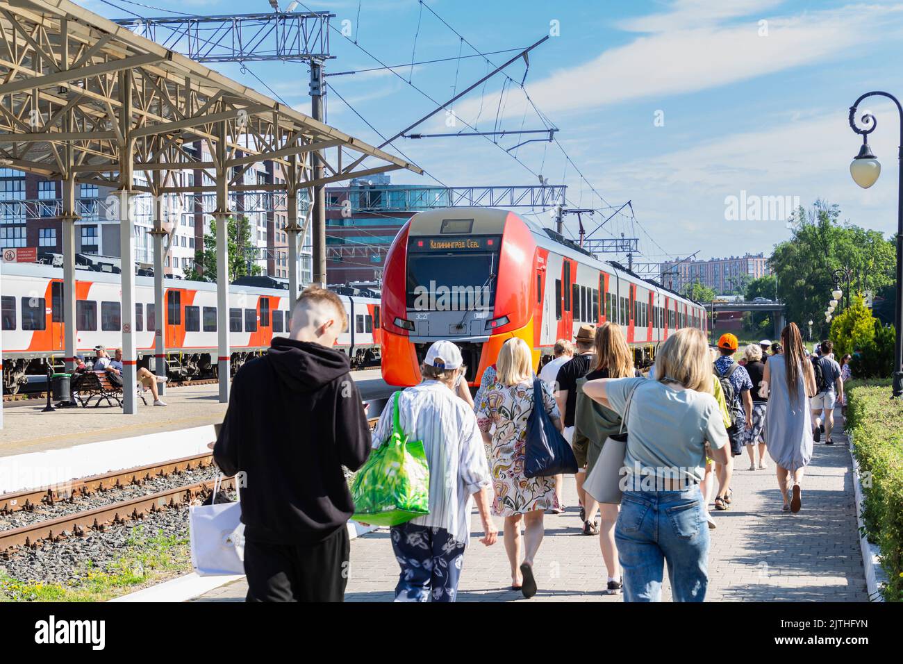 Kaliningrad Russia 04 July 2022 railway communication between cities. Citizens in holidays departuris to beach, country houses, summer. transport conc Stock Photo