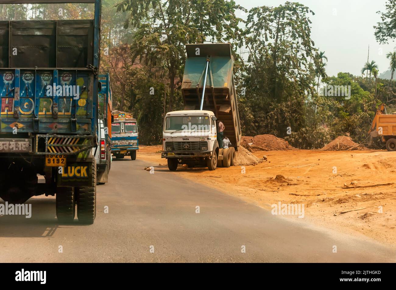 A dumper truck blocking traffic on an Indian highway. Stock Photo