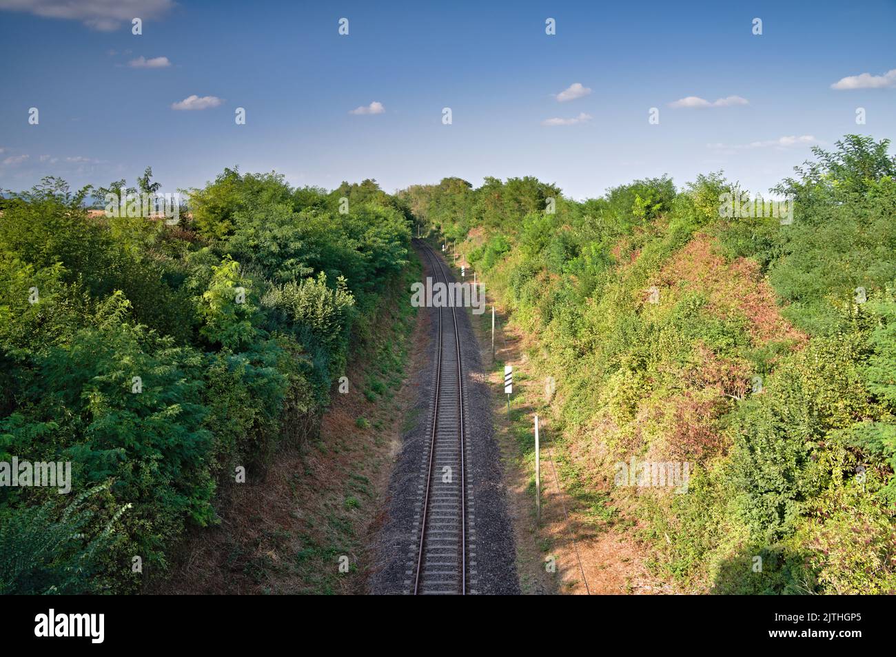 Scenic view from bridge over railway tracks Stock Photo