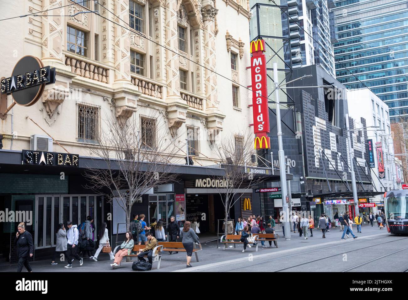 Sydney Australia city centre, urban scene with Mcdonalds restaurant and Star Bar pub on george street,Sydney,Australia,winter 2022 Stock Photo