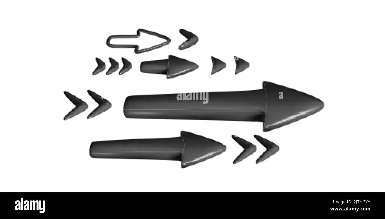 3D Arrows set black. Arrows pointing to side. Trendy black arrows in cartoon style. Collection of simple realistic arrows. Vector illustration Stock Vector