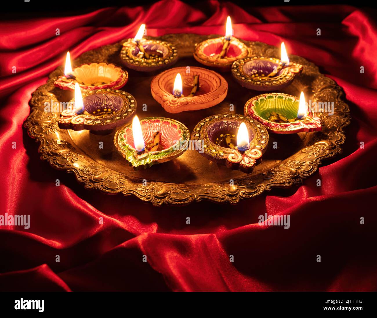 Happy Diwali Diya Oil Lamps Lit On Red Color Background Close Up Above View Deepavali 8157