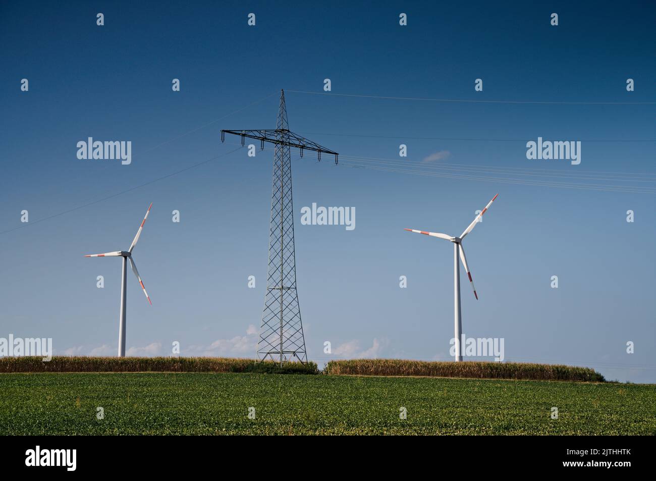 Electricity pylon and two wind turbines in rural landscape Stock Photo