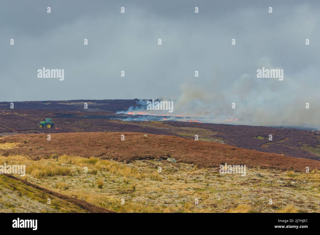 Controlled heather burning on managed Grouse Moorland in Swaledale, Yorkshire Dales and carried out to encourage regeneration of new heather shoots. Stock Photo