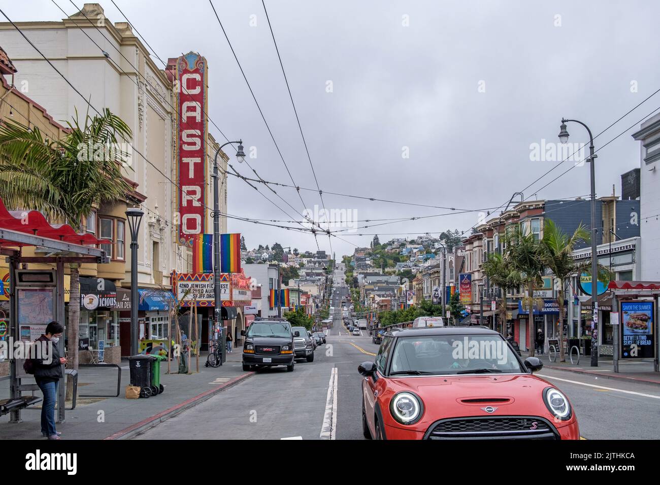Castro district of San Francisco with Historic Castro Theatre, shops and houses on the hill. Stock Photo