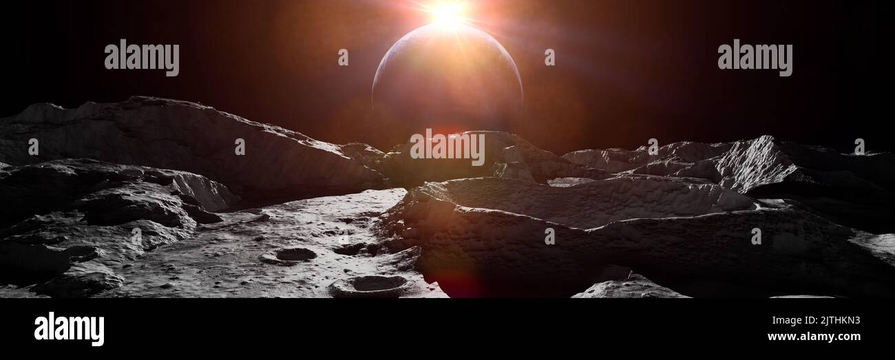 Moon landscape, Earth and Sun at the horizon, background banner format Stock Photo