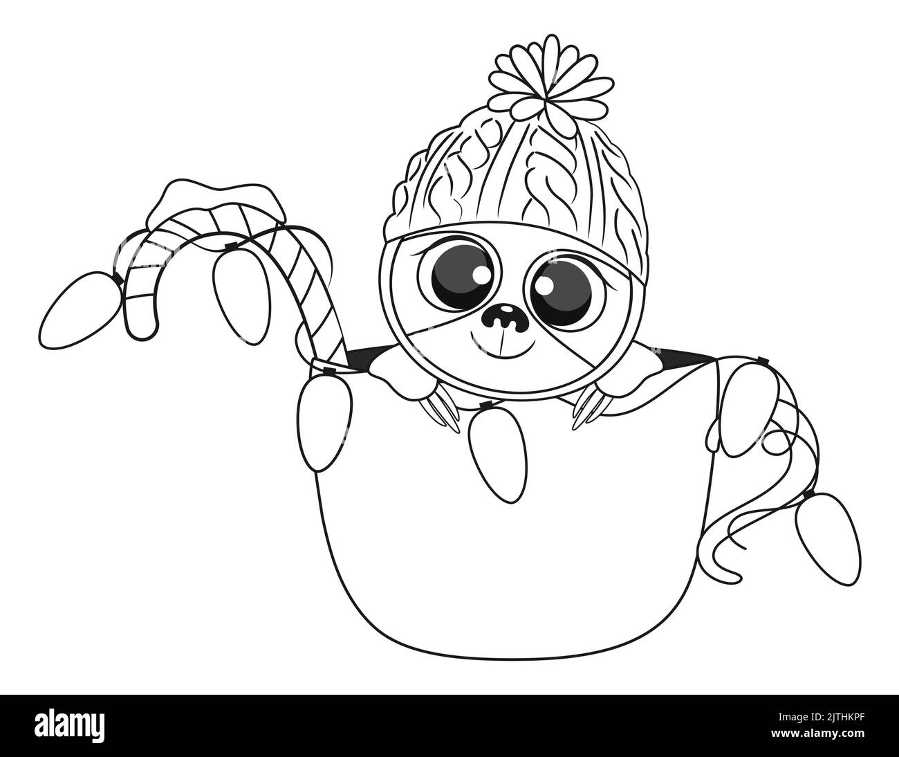Christmas baby sloth colouring book page.  Stock Vector