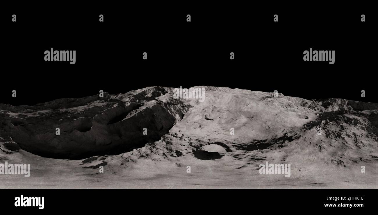 Moon landscape HDRI, spherical environment panorama background map, light source illustration (3d equirectangular rendering) Stock Photo
