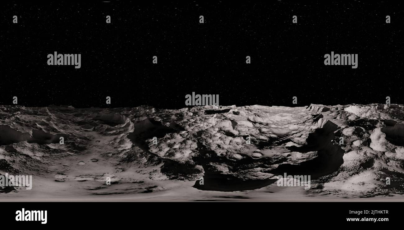 Moon landscape HDRI, spherical environment panorama background map, light source illustration (3d equirectangular render) Stock Photo