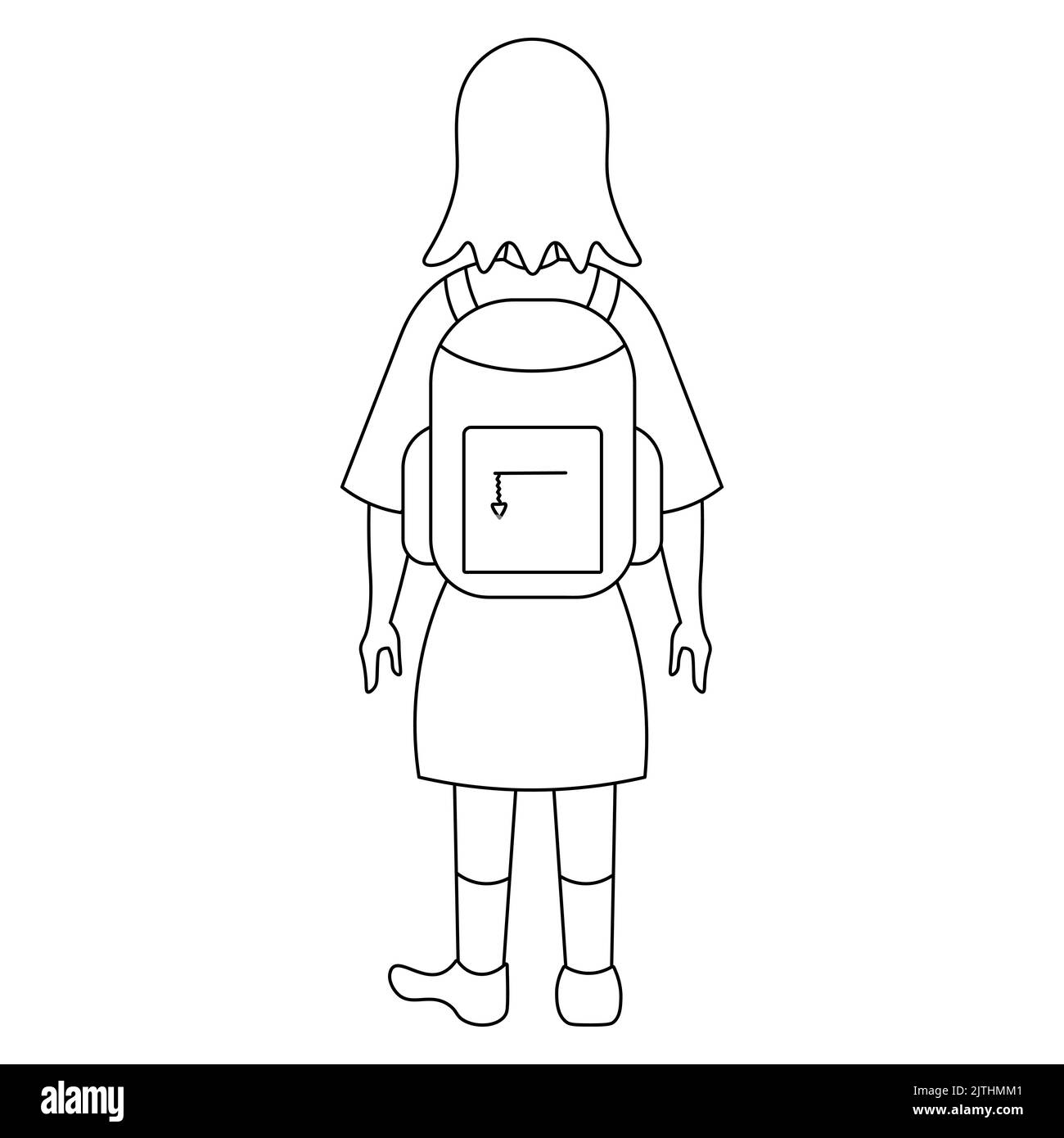 A schoolgirl with a satchel for textbooks goes to school. Sketch. Vector illustration. Girl view from the back. Coloring book. School theme Stock Vector