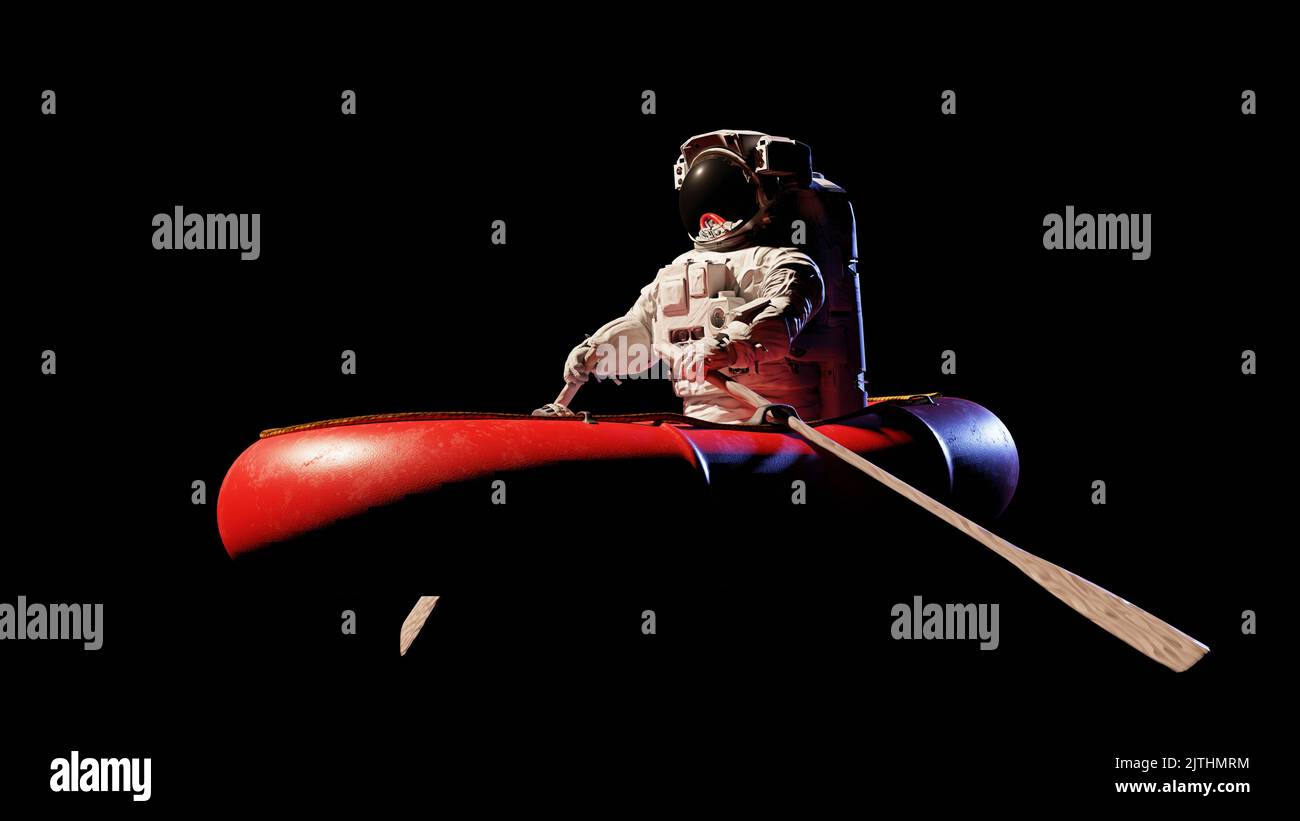 astronaut in rubber boat, isolated on black background Stock Photo