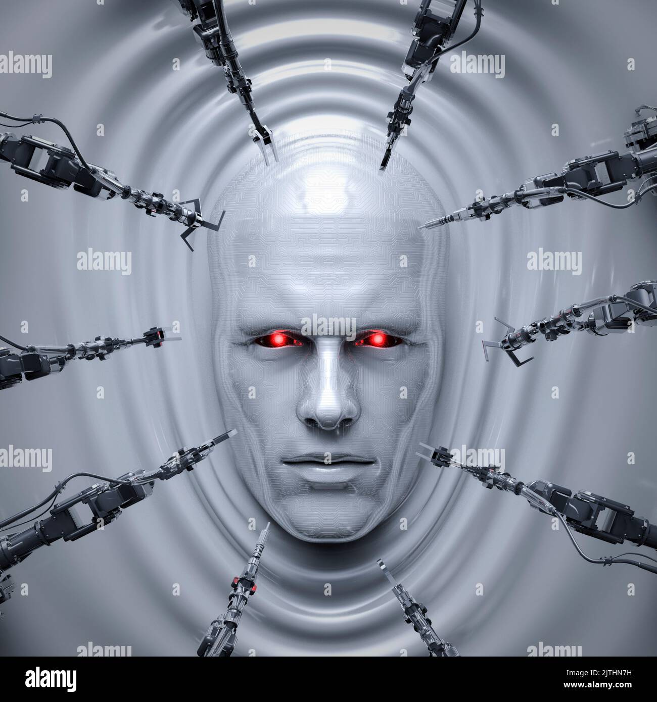 Male robot creation - 3D illustration of science fiction cyborg man forming from molten liquid metal Stock Photo