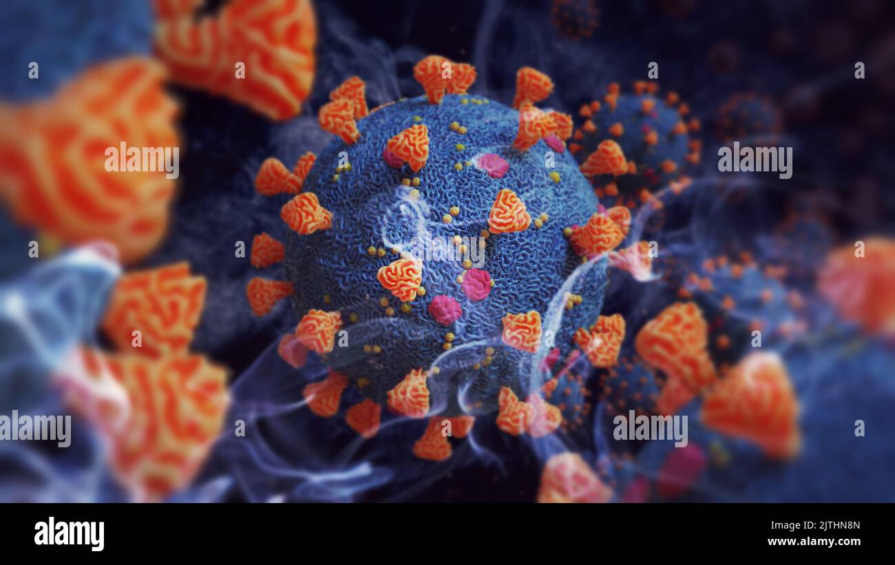 Covid-19 virus, Coronavirus pandemic,  health threatening influenza virus (3d microbiology render) Stock Photo