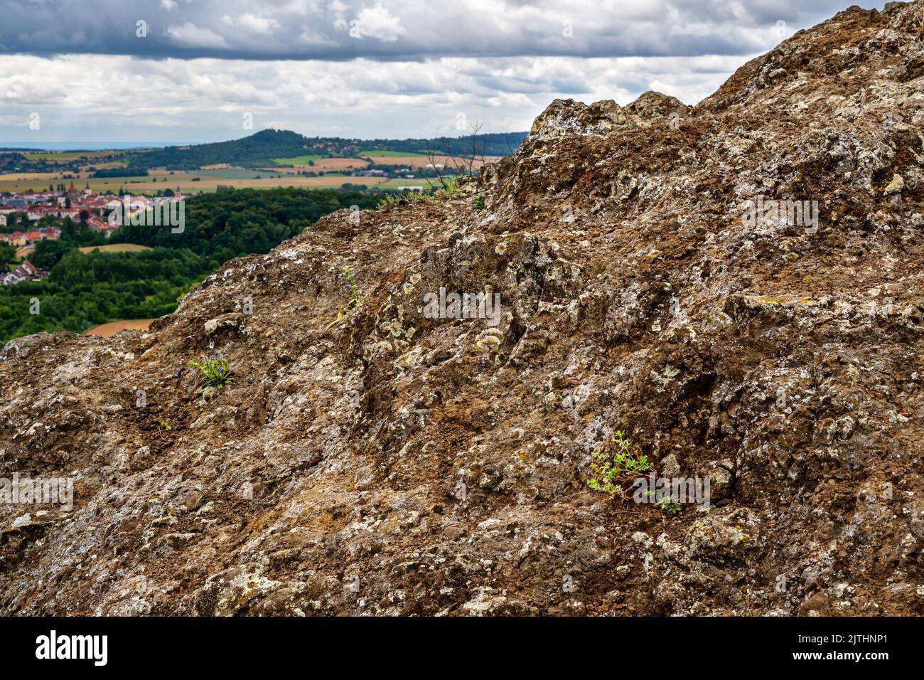 Rock of volcanic origin with typical plants on top of hill zebin, town Jicin and surrounding. Czech paradise, Czech republic. Hill Zebin is protected Stock Photo