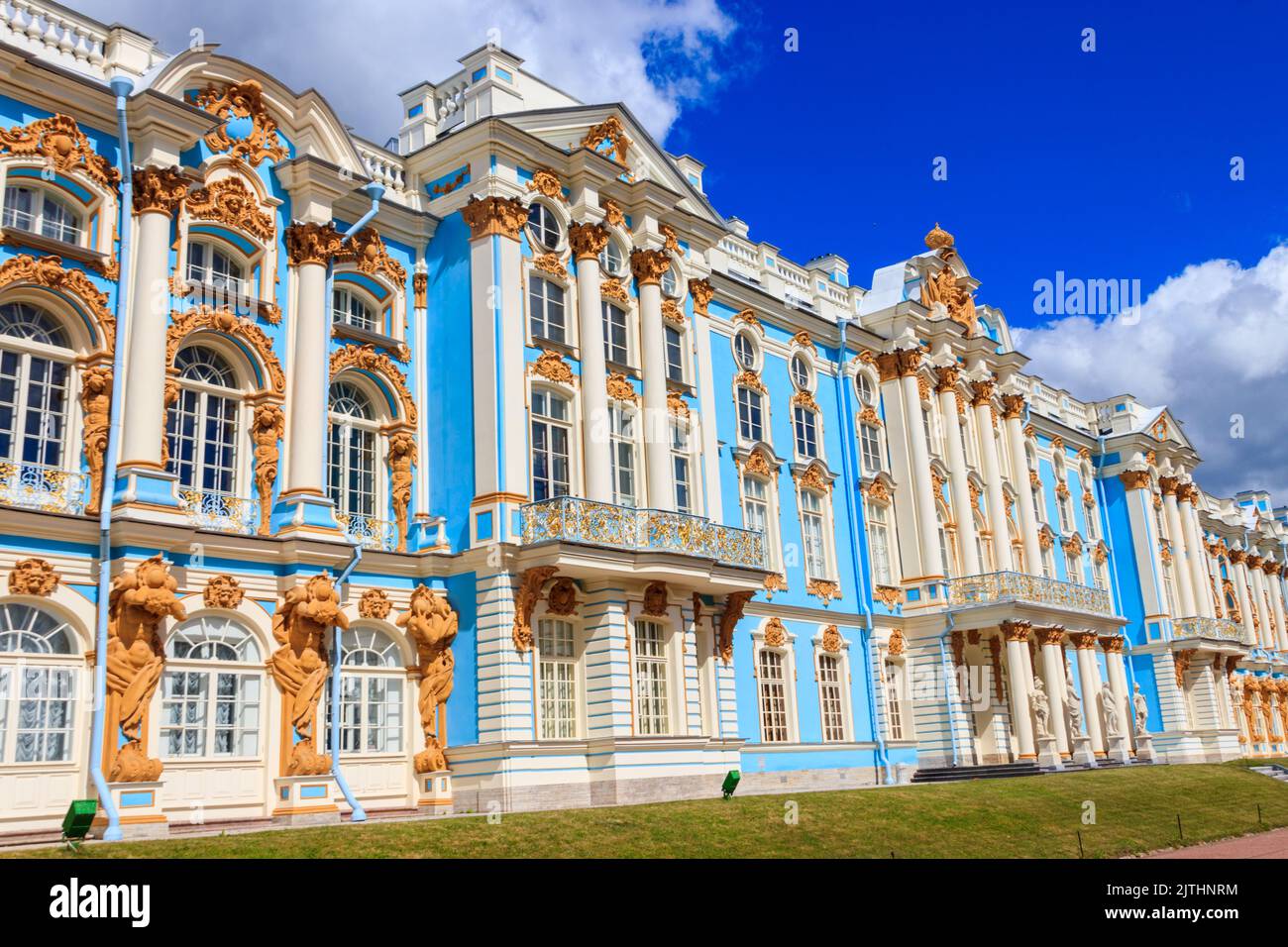 Catherine Palace is a Rococo palace located in the town of Tsarskoye Selo (Pushkin), 30 km south of Saint Petersburg, Russia. It was the summer reside Stock Photo