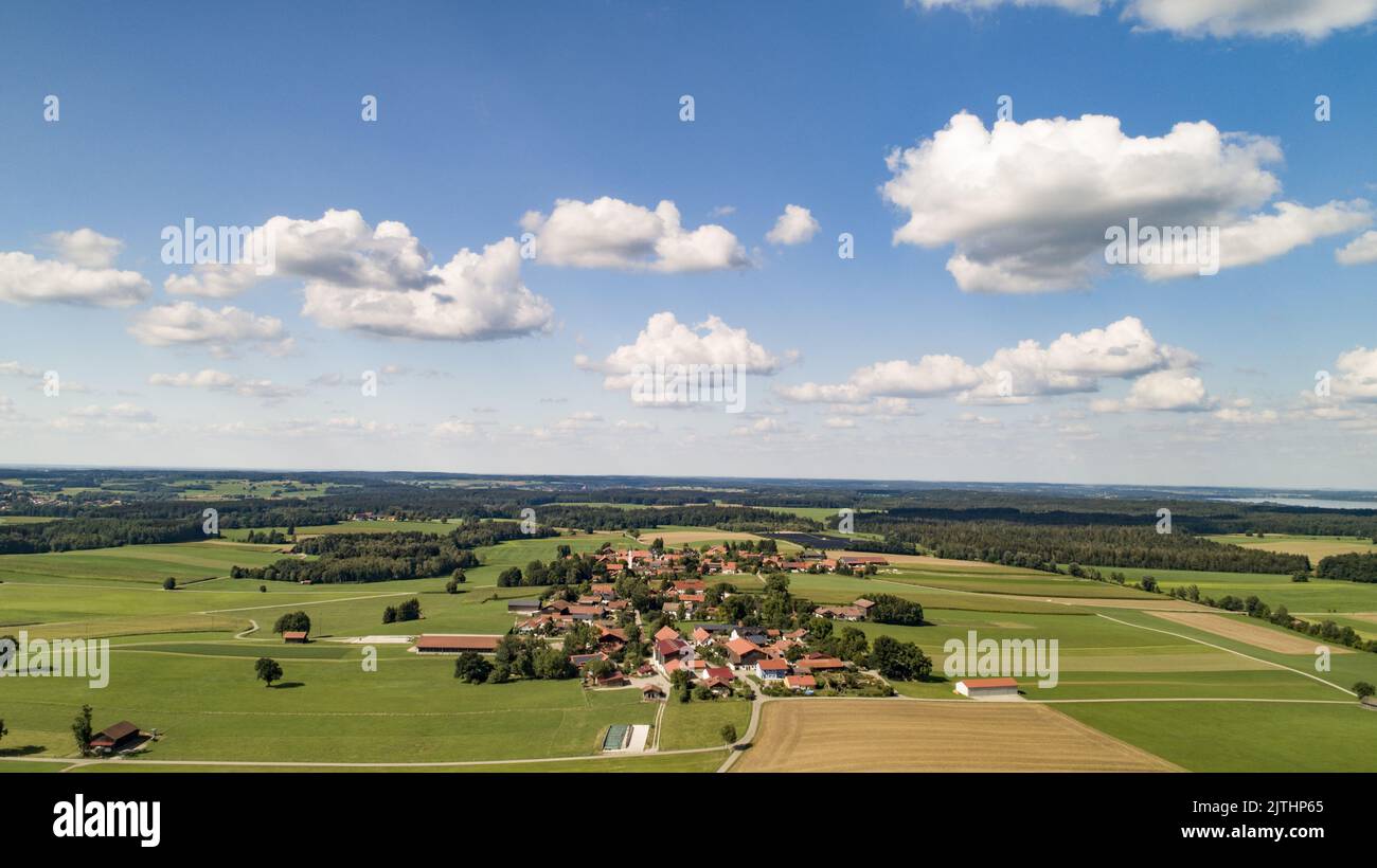 Aerial view of the Upper Bavarian countryside between Lech and Ammersee, Bavaria, Germany, Europe Stock Photo