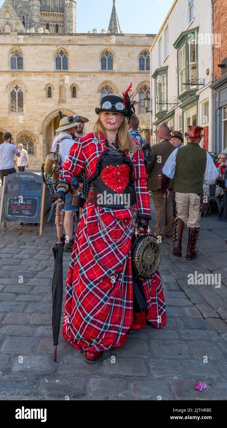 Lady in tartan dress at Lincoln Steampunk Festival, Chequer Gate Lincoln 2022 Stock Photo