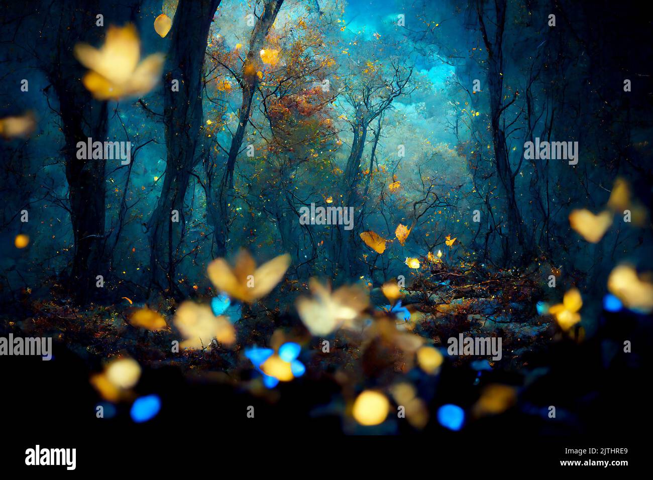 Dark fairytale fantasy forest. 3D illustration AI generated art, painting style Stock Photo