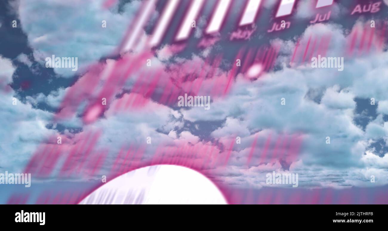 Image of red charts and data processing over cloudy blue sky Stock Photo