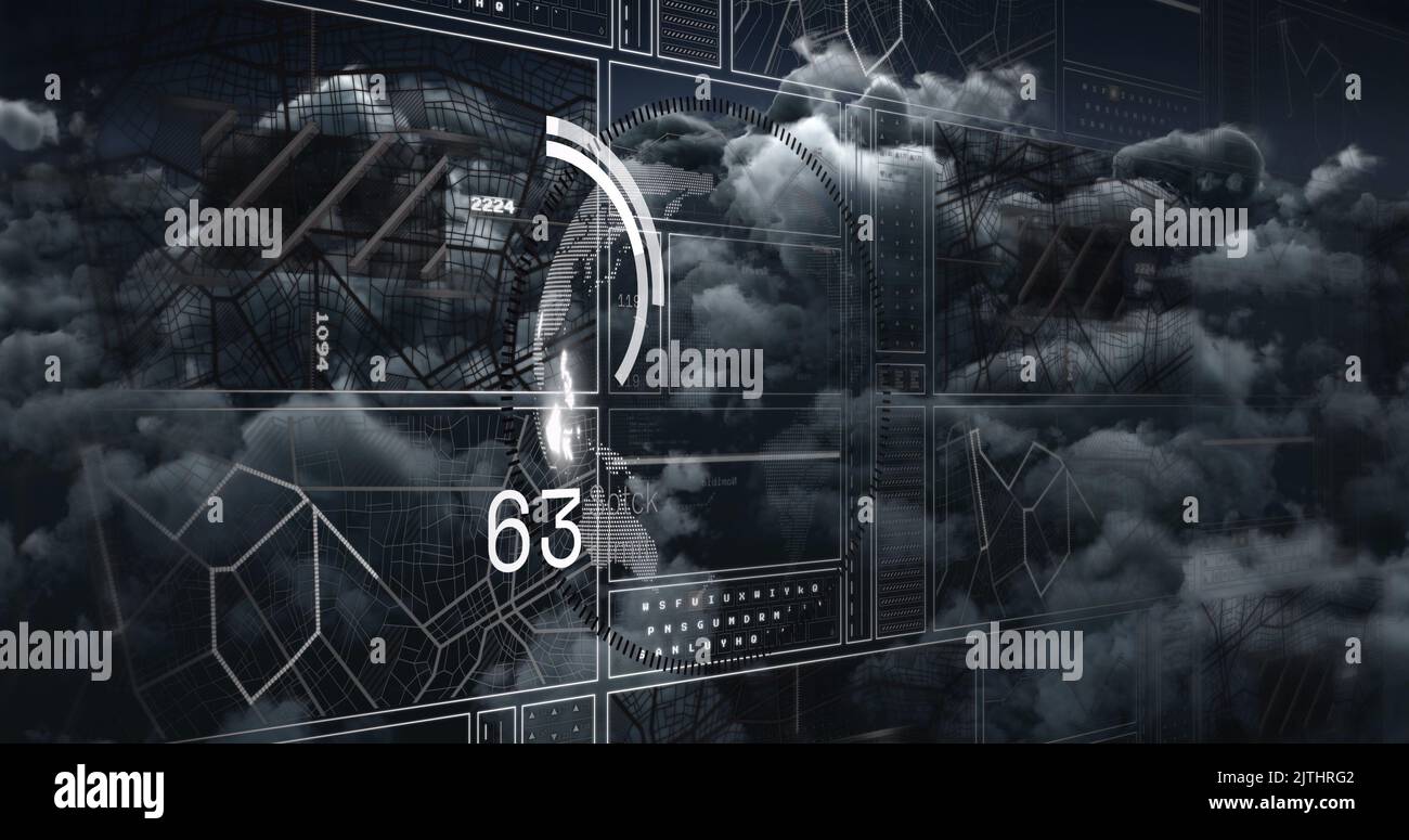 Image of globe with charts and data processing over dark cloudy sky Stock Photo