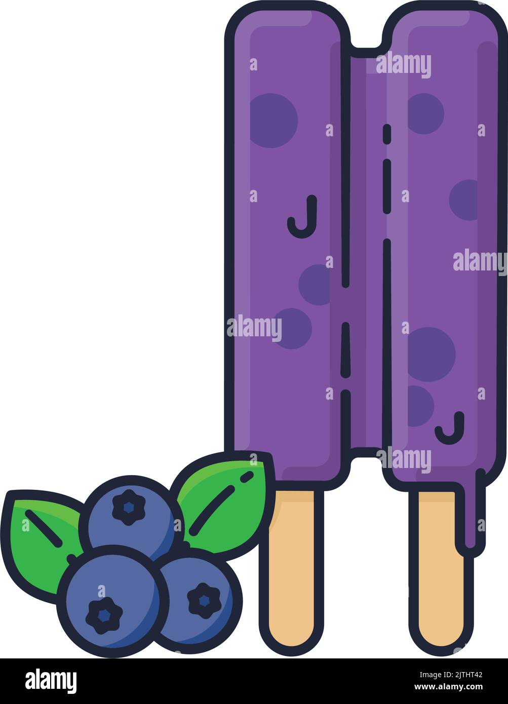 Blueberry popsicle and blueberries filled outline style isolated vector illustration for Blueberry Popsicle Day on September 2nd Stock Vector
