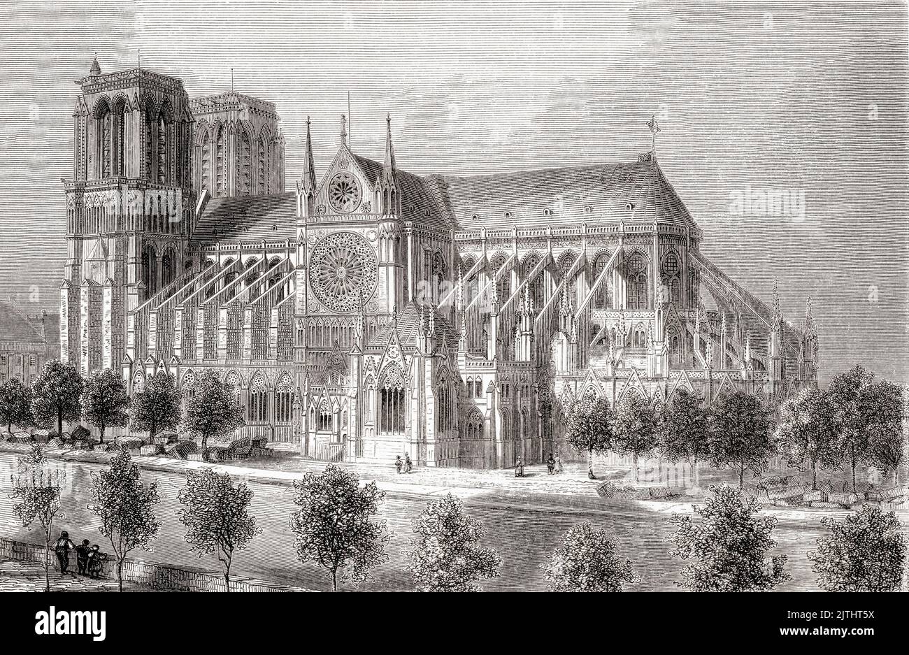 Notre-Dame de Paris,  Île de la Cité, Paris, France, seen here in the 19th century before the addition of the spire. It was built between 1163 and 1345 in the French Gothic architectural style. Architects Jean-Baptiste Lassus and Eugène Viollet-le-Duc were appointed in 1844 to restore the cathedral after its fall into disrepair in the decades following the Napoleonic Wars.  From Les Plus Belles Eglises du Monde, published 1861. Stock Photo