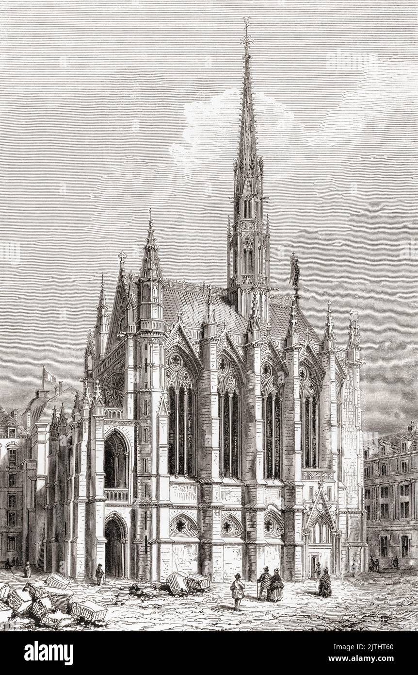 The Sainte-Chapelle, Île de la Cité, River Seine, Paris, France, seen here in the 19th century. Built from 1238 -1248, it is of the Rayonnant period of Gothic architecture. From Les Plus Belles Eglises du Monde, published 1861. Stock Photo