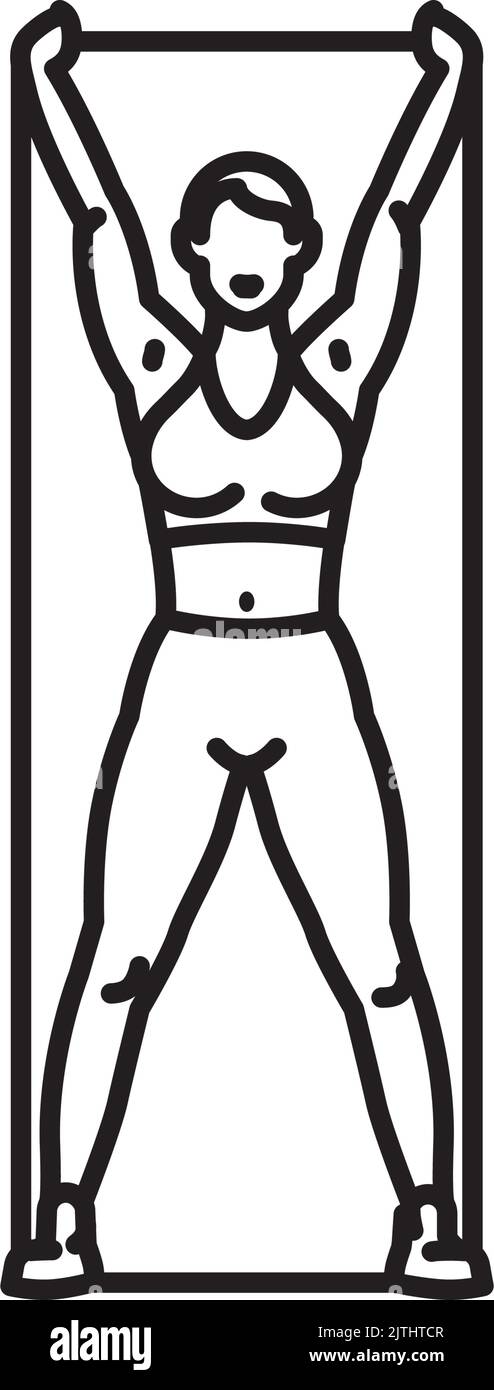 Slim woman in exercise dress using resistance bands line icon vector for Physical Therapy Day on September 9. Stock Vector