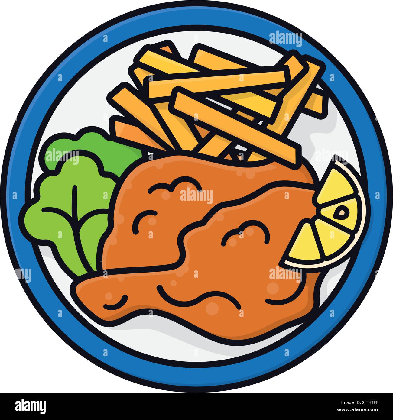 Wiener Schnitzel and french fries on a plate isolated vector illustration, filled outline style, top view Stock Vector