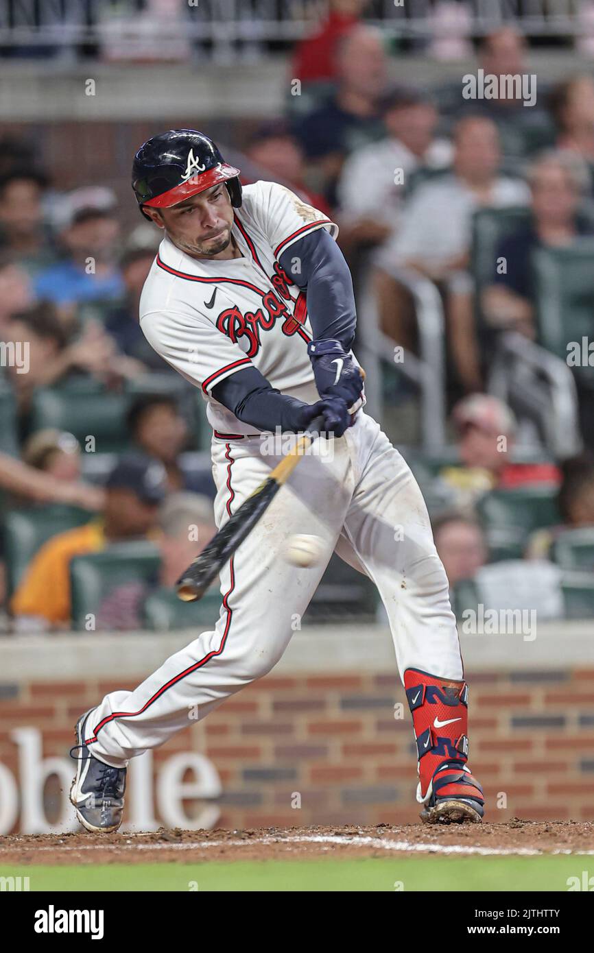 Atlanta, GA. USA; Atlanta Braves catcher Travis d'Arnaud (16) hits a
