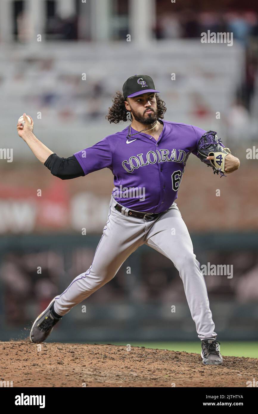 Atlanta, GA. USA; Colorado Rockies relief pitcher Justin Lawrence (61)  delivers a pitch during a major league baseball game against the Atlanta  Brave Stock Photo - Alamy