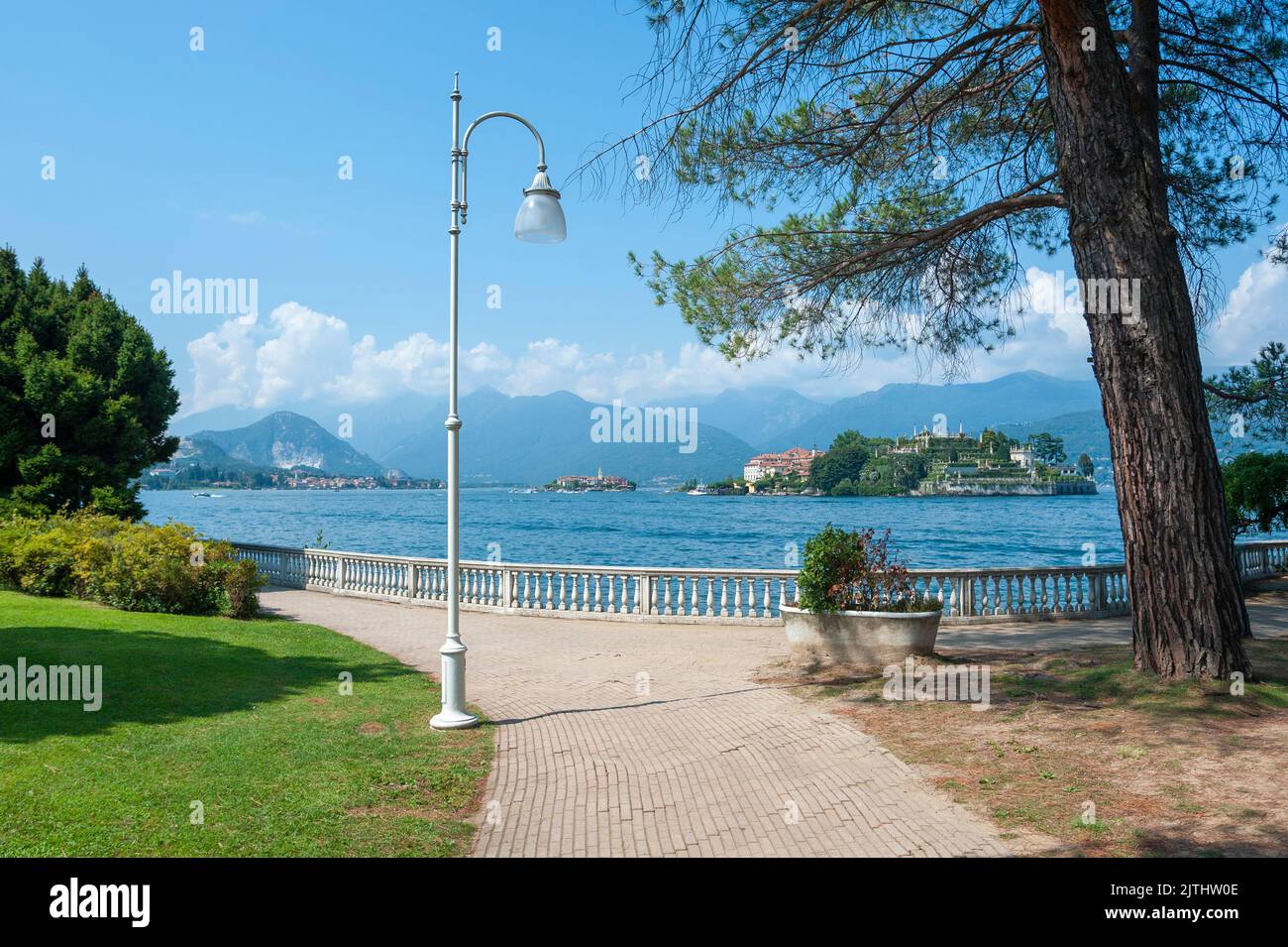 Promenade on Lake Maggiore, in the background Isola Bella, Stresa, Lake Maggiore, Piedmont, Italy, Europe Stock Photo