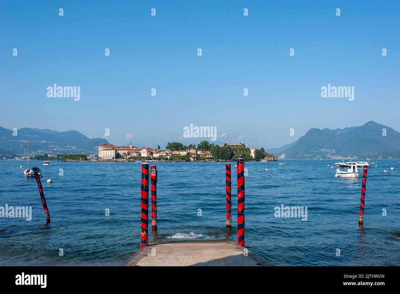View over Lake Maggiore to Isola Bella, Stresa, Lake Maggiore, Piedmont, Italy, Europe Stock Photo