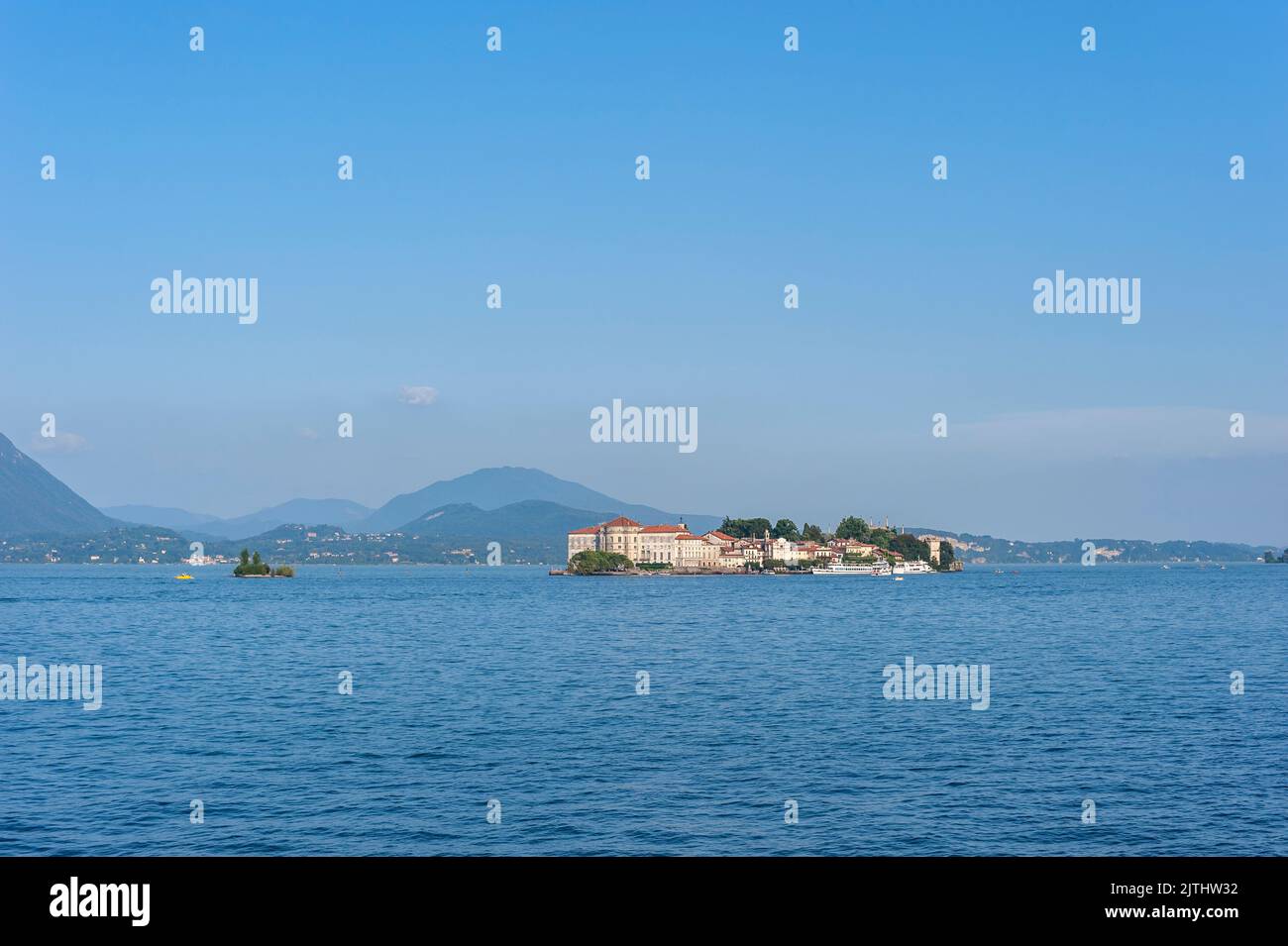 View over Lake Maggiore to Isola Bella, Stresa, Lake Maggiore, Piedmont, Italy, Europe Stock Photo