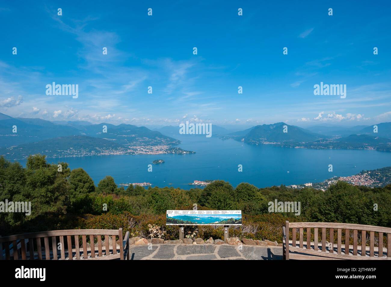 View of Lake Maggiore and the Borromean Islands from the Giardino Botanico Alpinia, Stresa, Piedmont, Italy, Europe Stock Photo