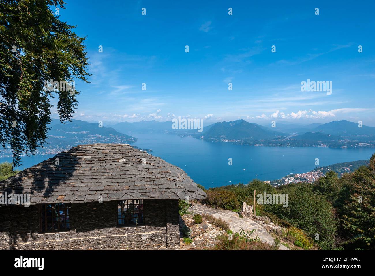 View from Giardino Botanico Alpinia of Lake Maggiore, Stresa, Lake Maggiore, Piedmont, Italy, Europe Stock Photo