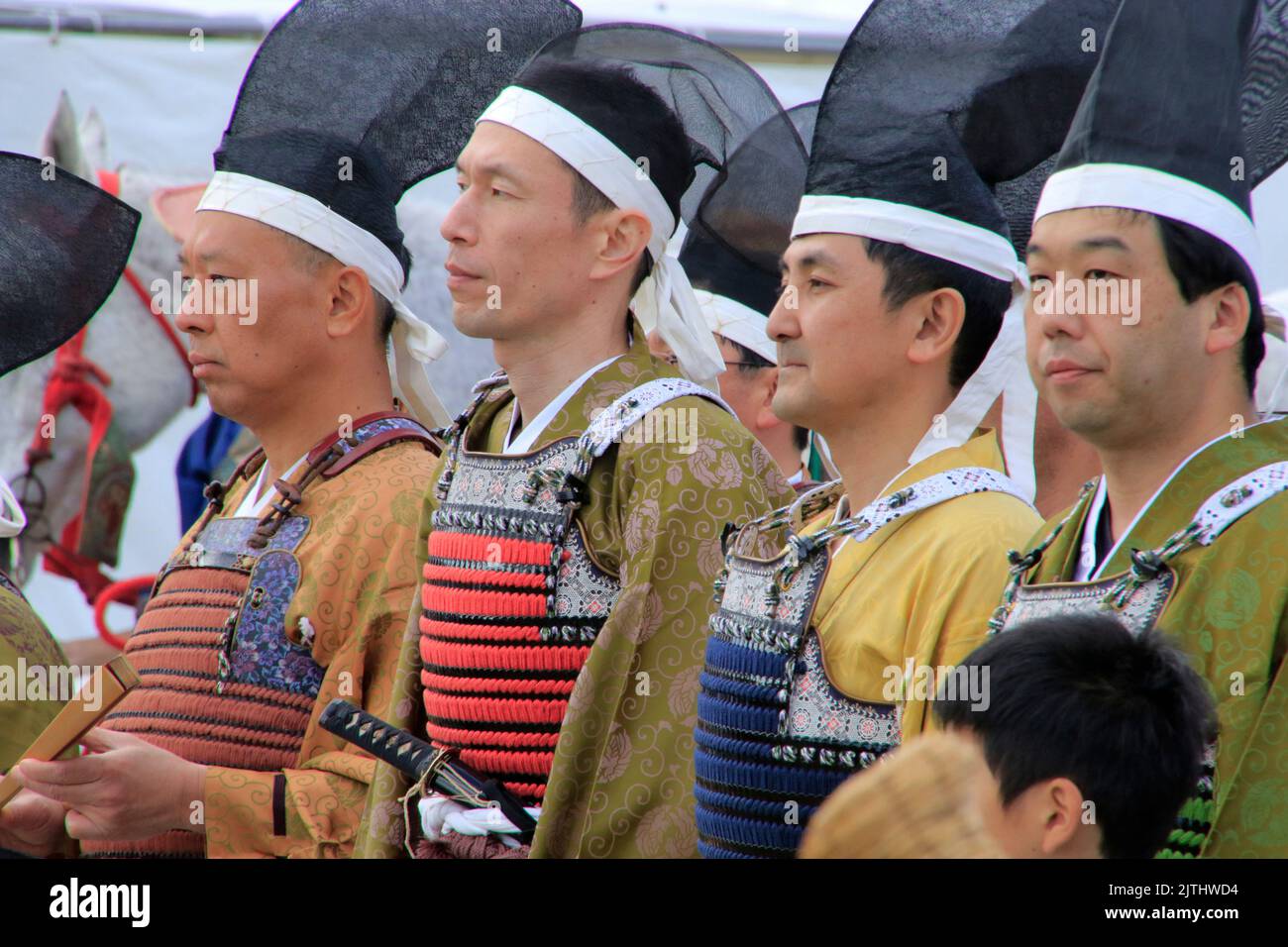 Ancient Japanese armored Samurai warriors at Yabusame event Stock Photo