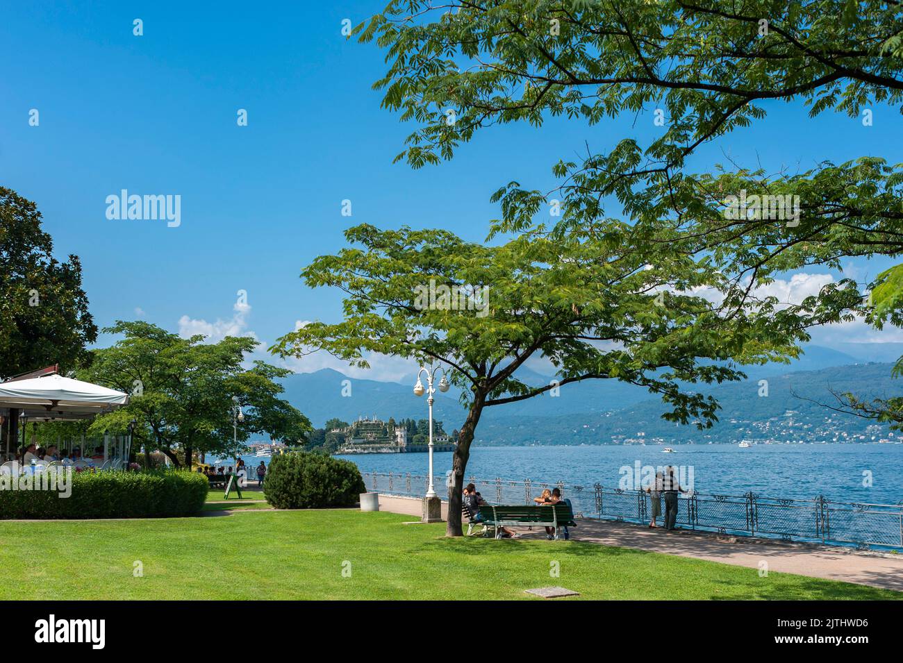 Promenade on Lake Maggiore, in the background Isola Bella, Stresa, Lake Maggiore, Piedmont, Italy, Europe Stock Photo