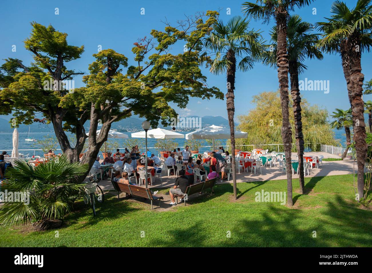Restaurant on the lakeside promenade of Lake Maggiore, Stresa, Piedmont, Italy, Europe Stock Photo