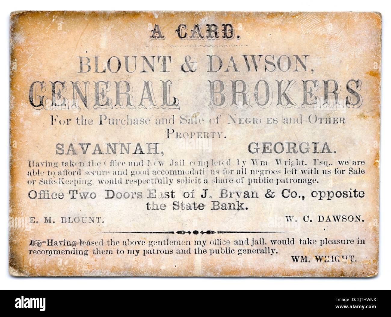 Trade card for the slave dealers Blount & Dawson in the American South, purchase and sale of slaves, Savannah, Georgia, circa 1860 Stock Photo