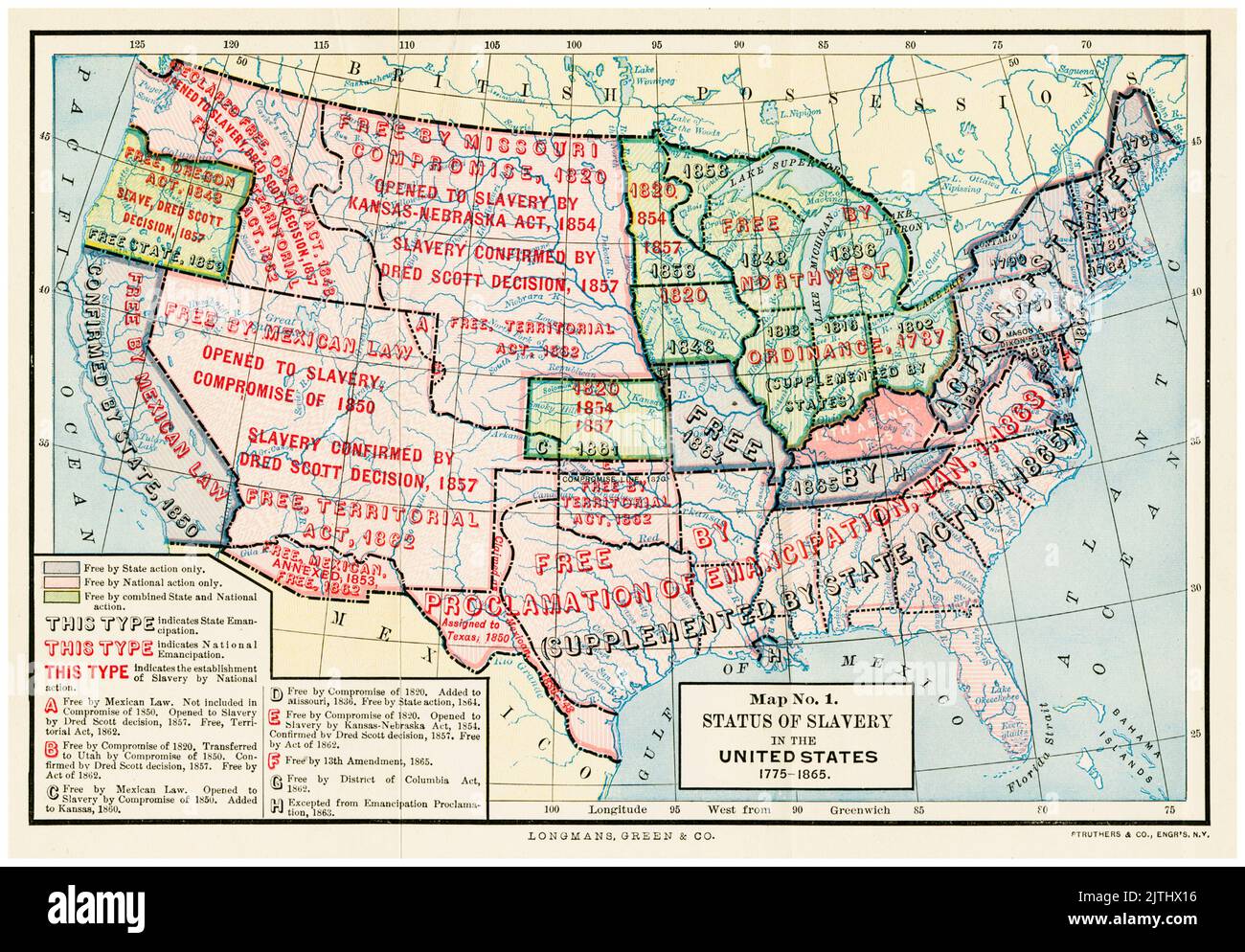 Map showing the legal status of Slavery and the Slave Trade in the United States of America, 1775-1865, illustration by Longmans, Green, and Co., 1893-1894 Stock Photo