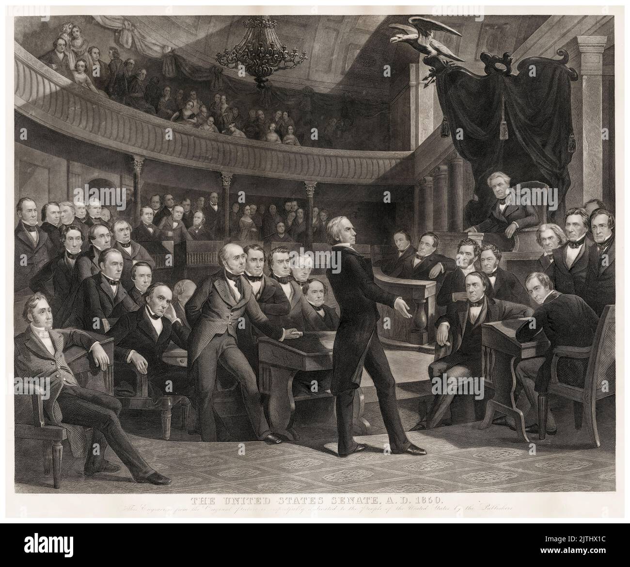 Henry Clay (1777–1852), speaking in the United States Senate Chamber interior, engraving by Robert Whitechurch, 1855 Stock Photo
