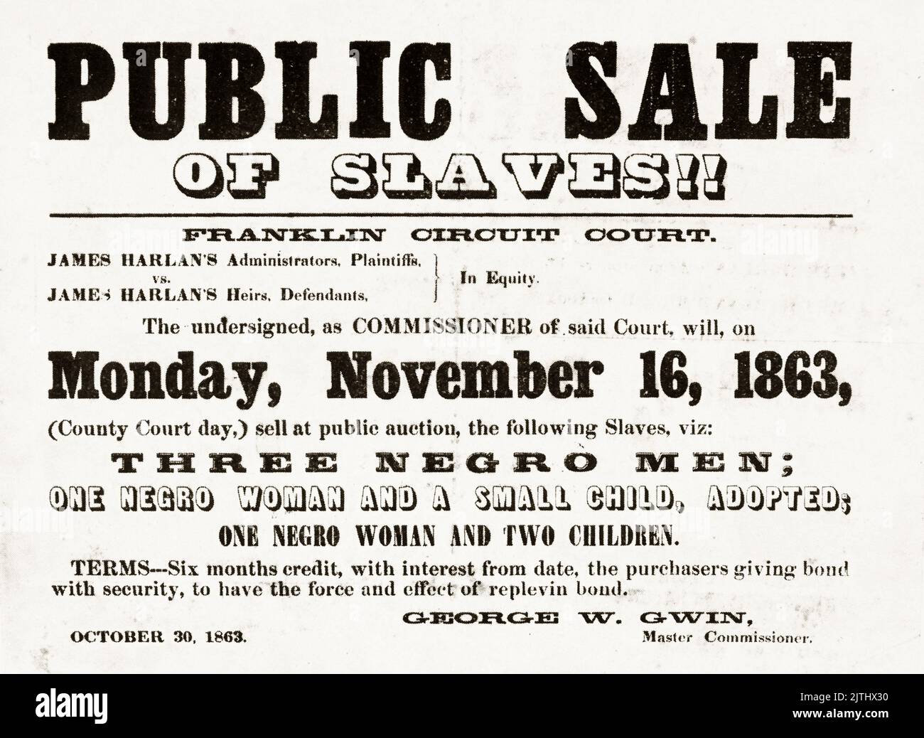 Advertisement for the public sale of slaves, Kentucky, USA, 1863 Stock