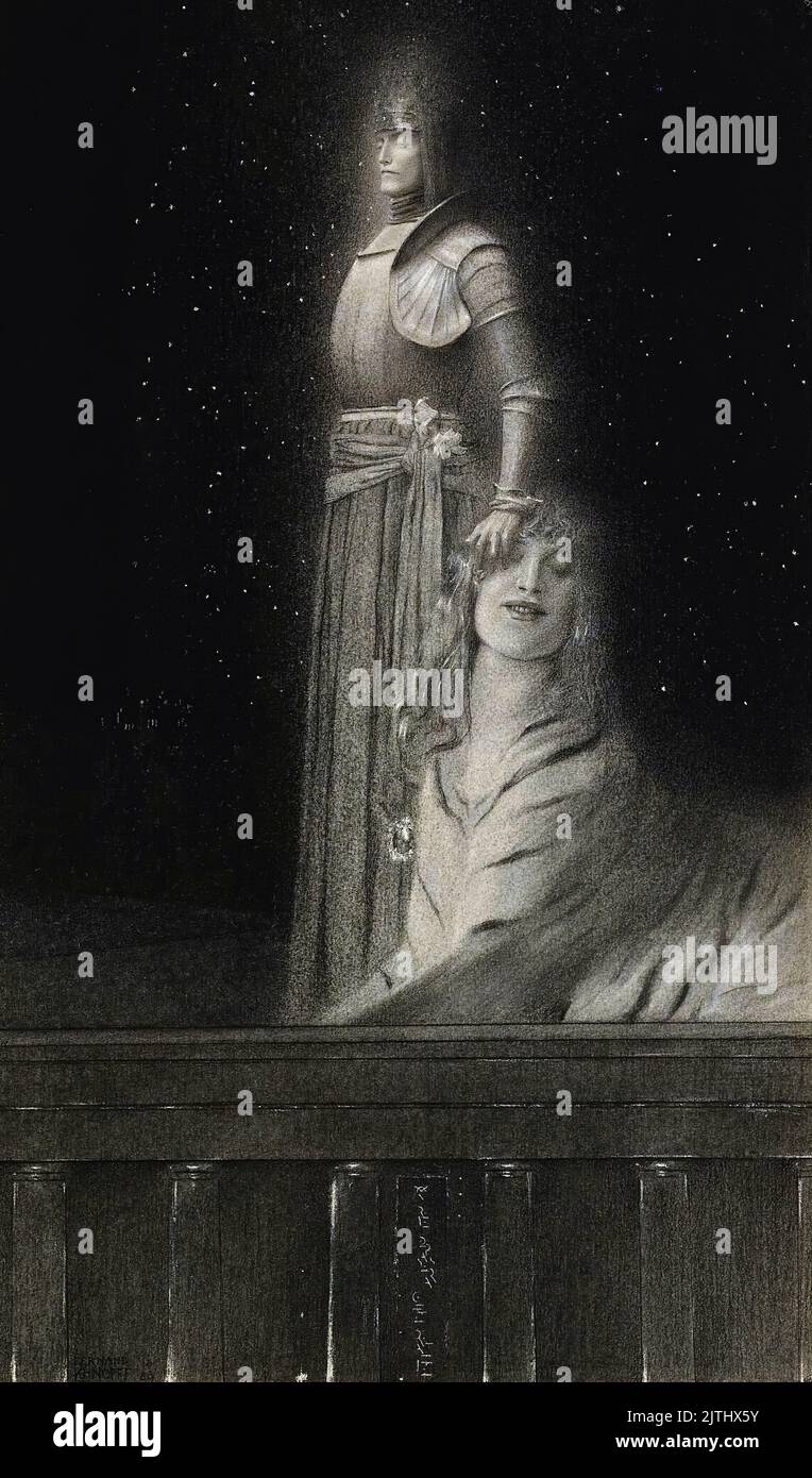 Avec Verhaeren. Un Ange, drawing in pen and ink with chalk and graphite by Fernand Khnopff, 1889 Stock Photo