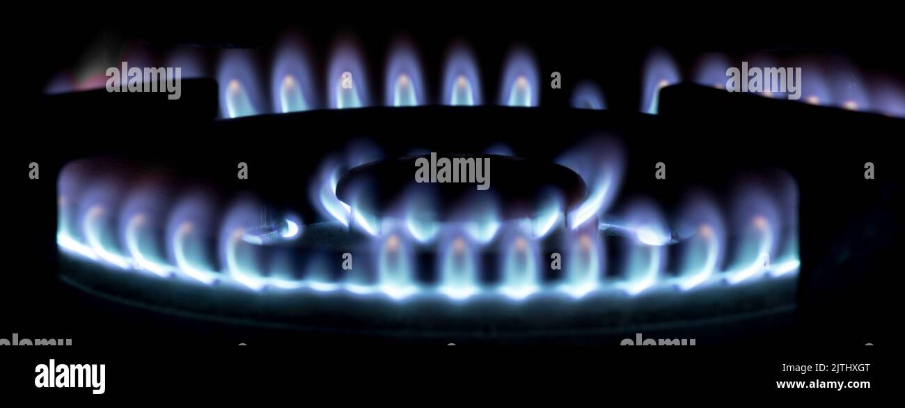 gas flames from a gas stove panorama in the dark Stock Photo Alamy