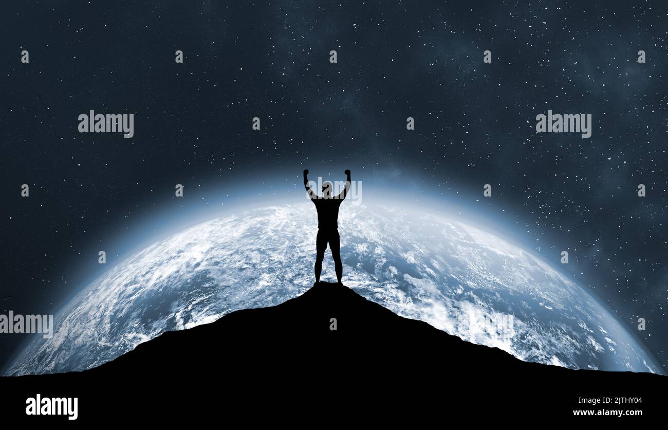 Silhouette man stands on top of mountain. Successful business man ...